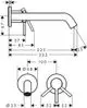 Hansgrohe-Waschtischmischer mit Auslauf, Unterputz für Wandmontage, mit senkrechtem Hebel und klaren Linien, dargestellt mit technischen Maßen und Ansichten im Diagrammstil.